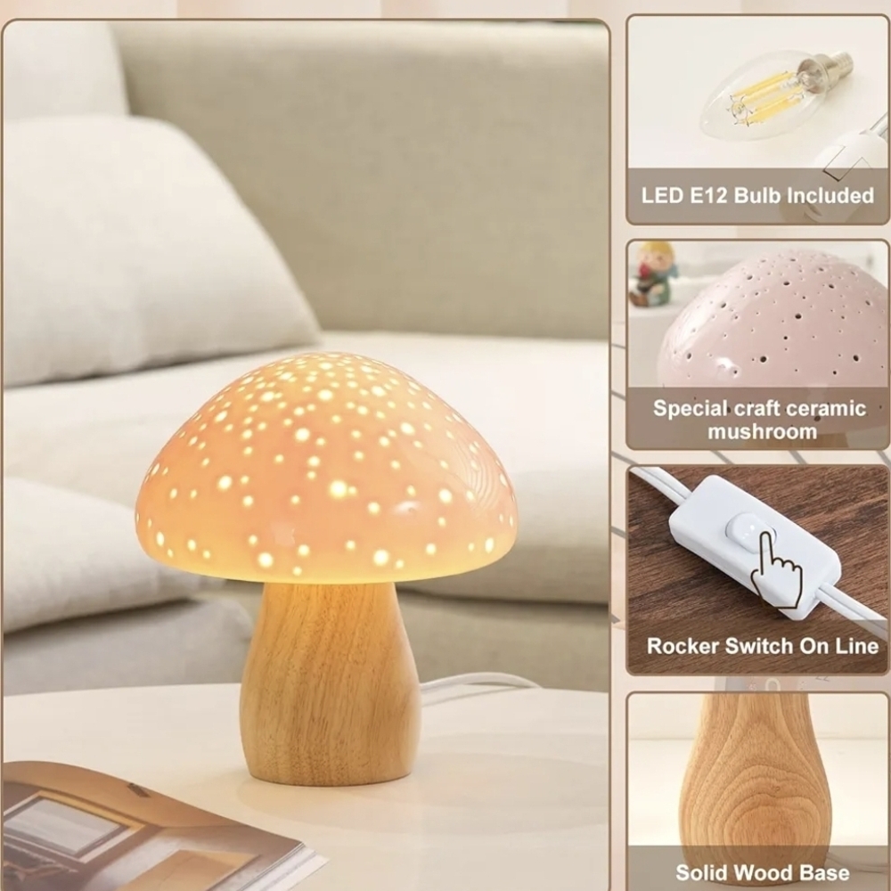 Ceramic Mushroom Table Lamp with Wooden Base without a light bulb